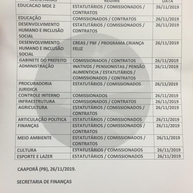 TABELA DE PAGAMENTOS (26/11/2019)