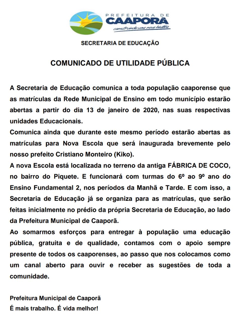 Secretaria de Educação anuncia inauguração de nova escola e início de matrículas da rede municipal de ensino 
