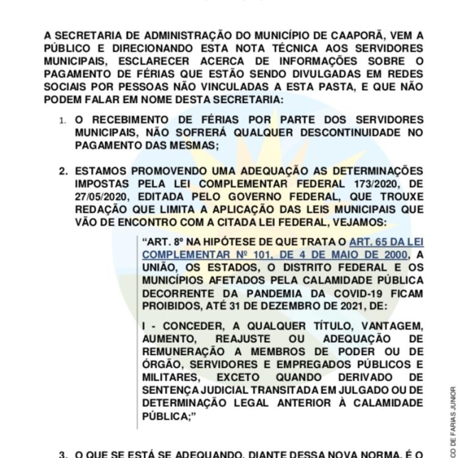Secretaria de Administração esclarece informações acerca do pagamento de férias, através de Nota Técnica