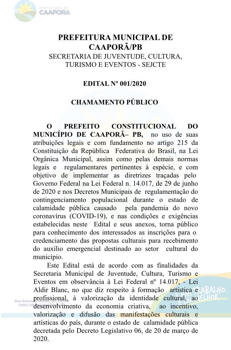 Prefeitura de Caaporã publica Edital Nº 001/2020 - Chamamento Público