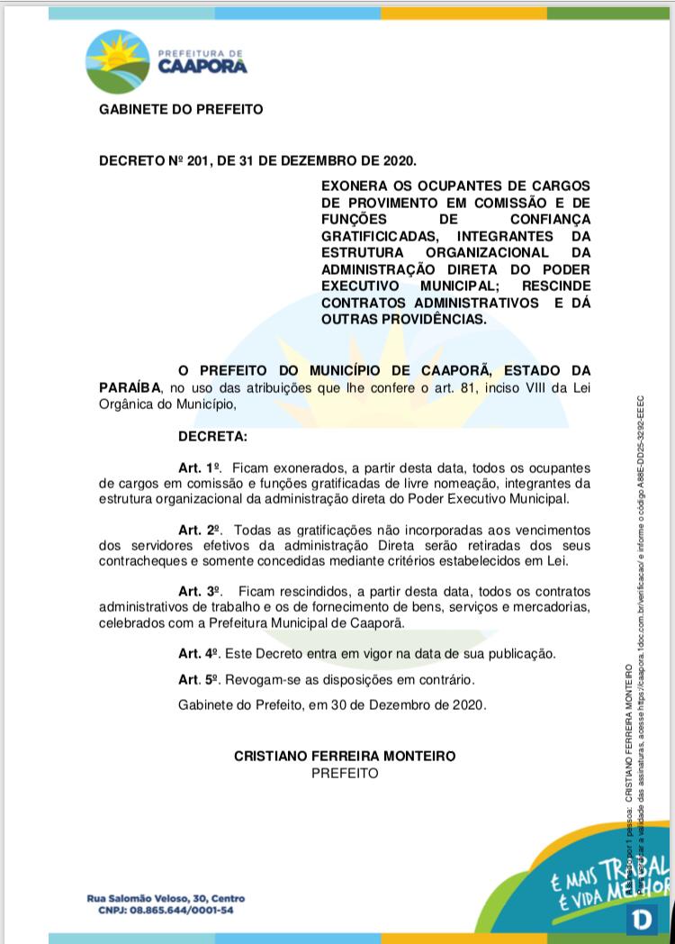 Prefeitura de Caaporã publica Decreto nº 201/2020