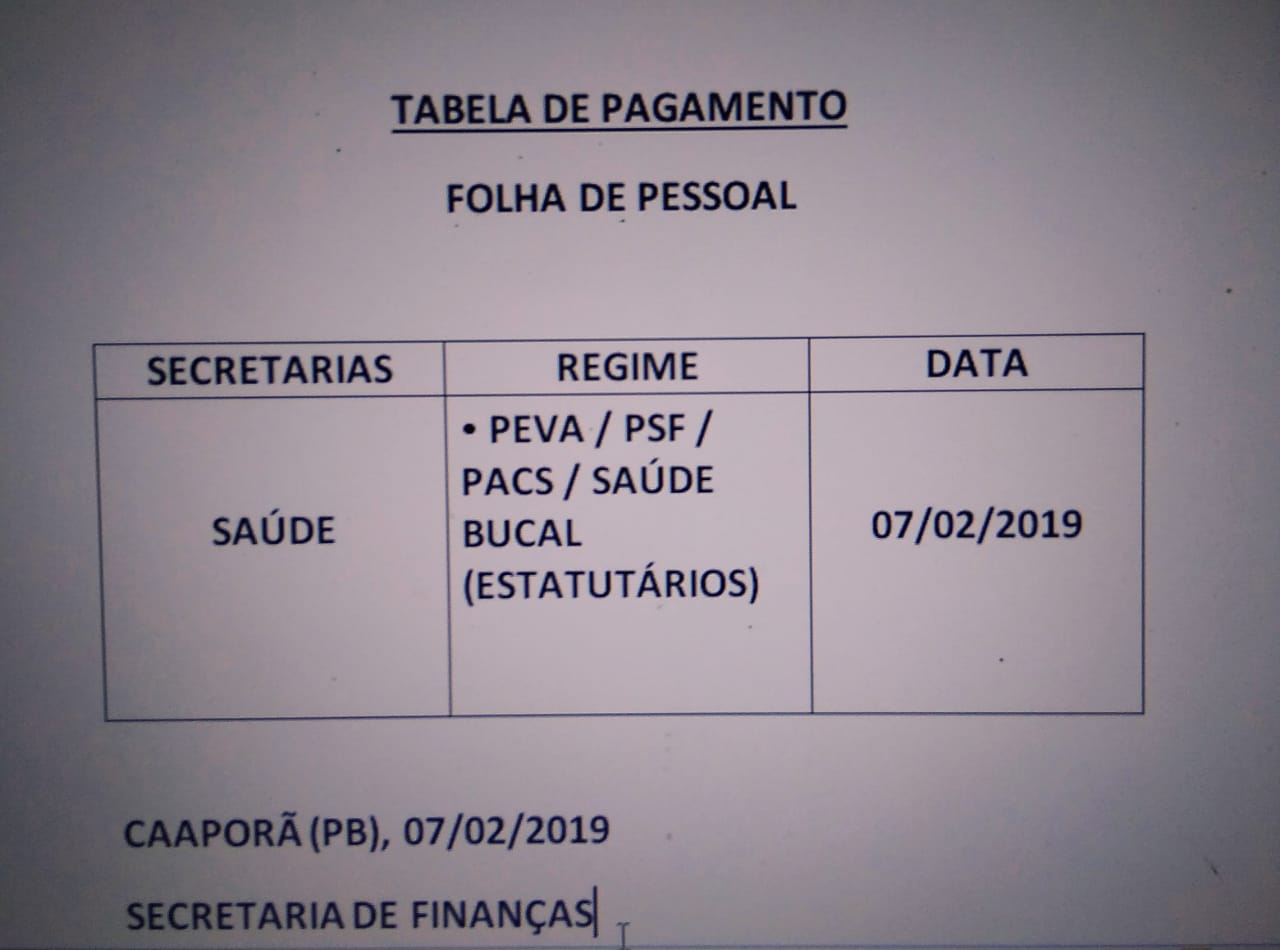 TABELA DE PAGAMENTO (07/02/2019)