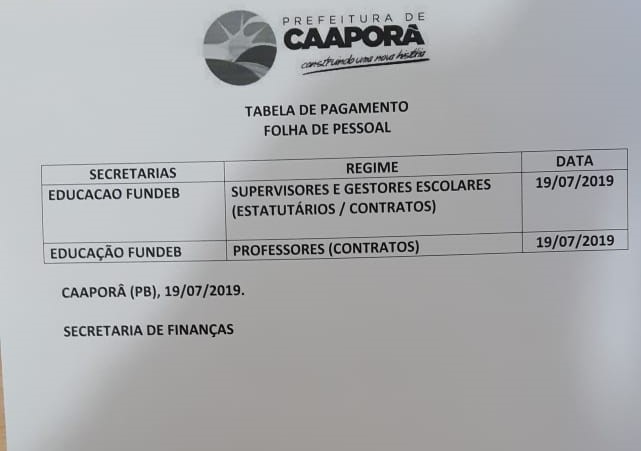 TABELA DE PAGAMENTOS  (19/07/2019)