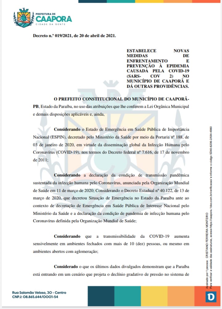 Prefeitura de Caaporã publica Decreto 019/2021