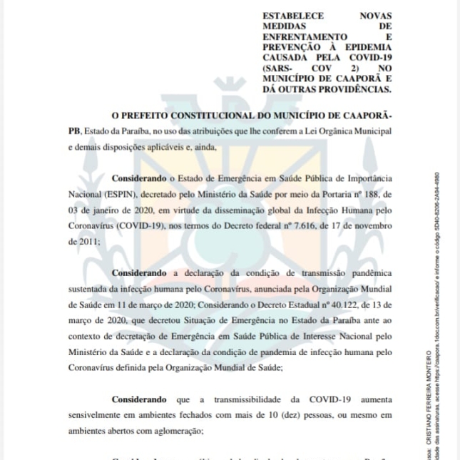 Prefeitura de Caaporã publica Decreto 019/2021