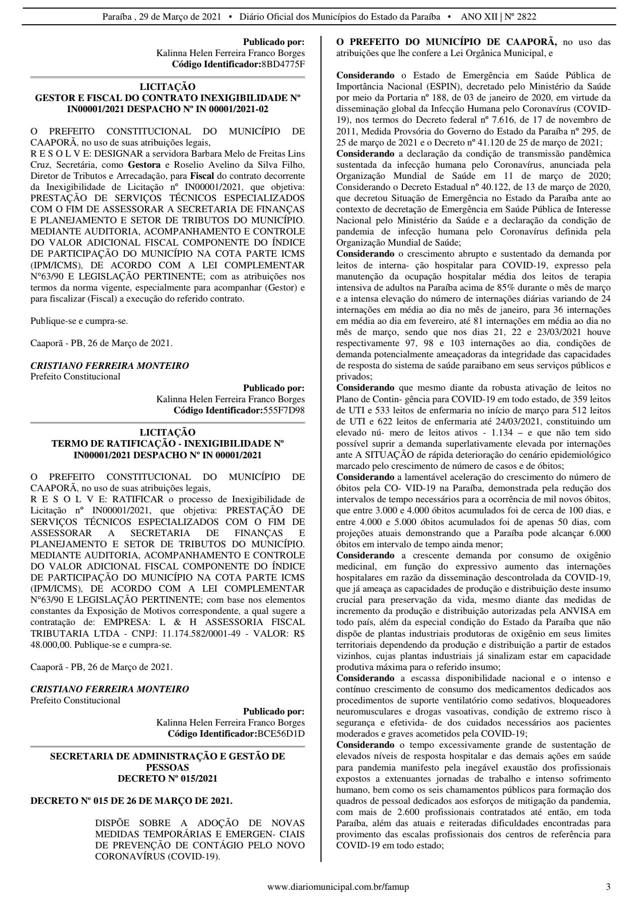 Publicação do DECRETO N- 015/2021 