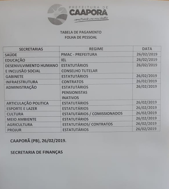TABELA DE PAGAMENTO (26/02/2019)