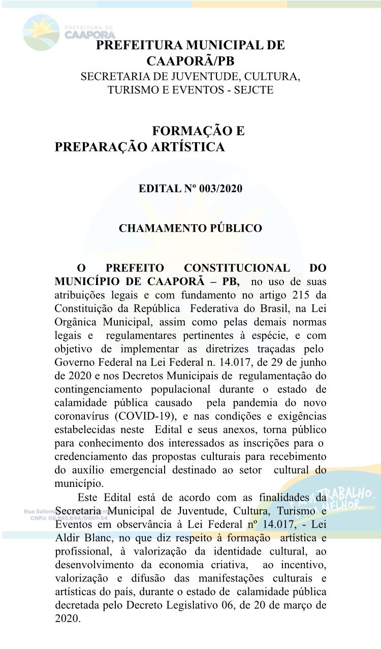 Prefeitura de Caaporã publica Edital Nº 003/2020 - Chamamento Público