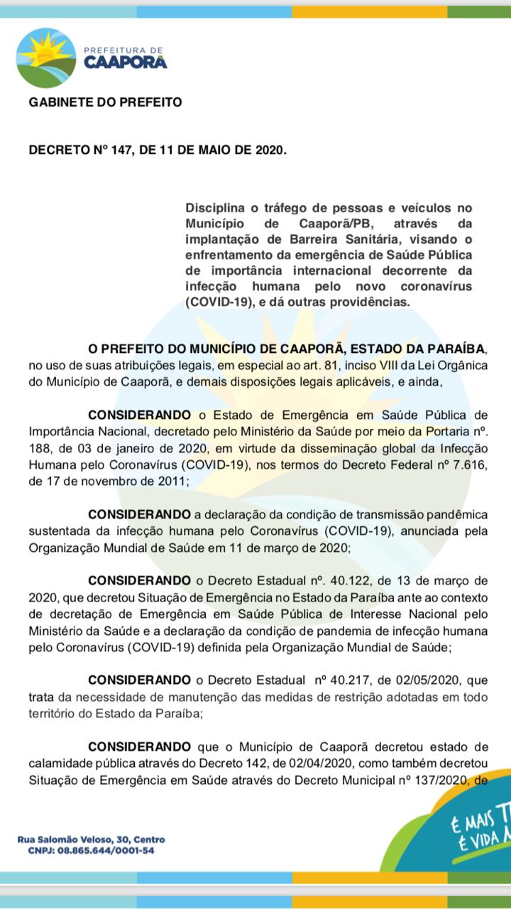Prefeitura de Caaporã publica Decreto nº 147/2020