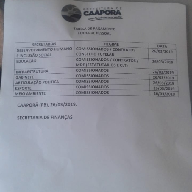 TABELA DE PAGAMENTO (26/03/2019)