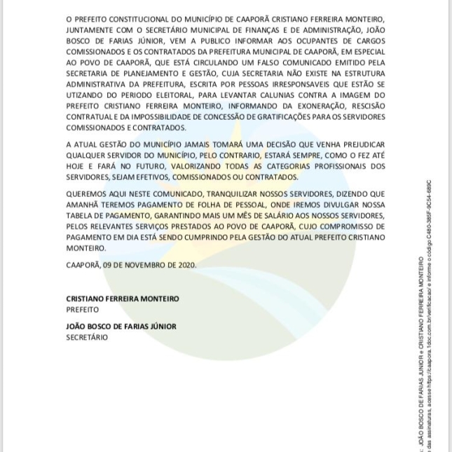 Prefeitura de Caaporã esclarece falso comunicado acerca de servidores comissionados e contratados do município