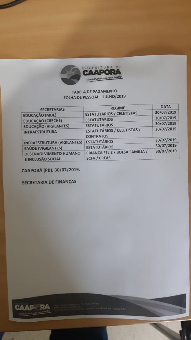TABELA DE PAGAMENTOS (30/07/2019)