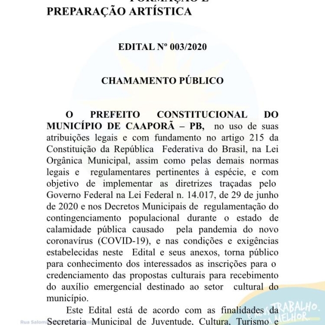Prefeitura de Caaporã publica Edital Nº 003/2020 - Chamamento Público