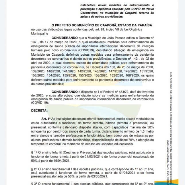 Prefeitura de Caaporã publica DECRETO Nº 005/2021, estabelecendo novas medidas acerca do COVID-19