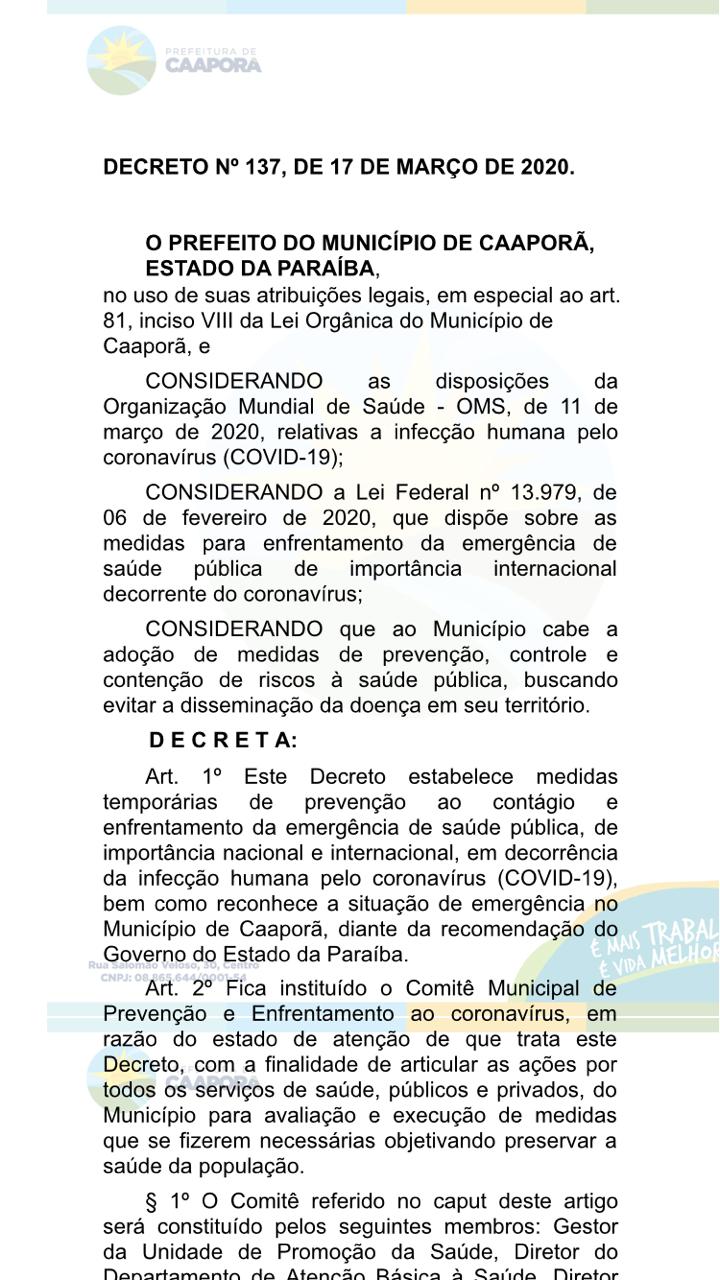 Prefeitura de Caaporã publica Decreto nº 137/2020